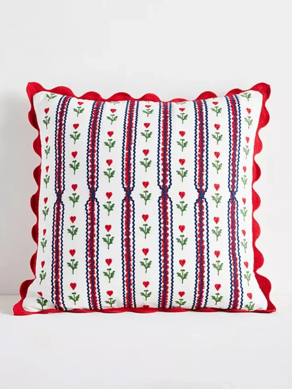 Anthropologie VALENTINE'S DAY COTTON EMBROIDERED STRIPE SCALLOP CUSHION